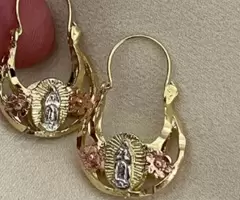 Aretes De La Virgen Guadalupe 5 Capas De Oro Macizo 8k y 24k