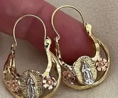 Aretes De La Virgen Guadalupe 5 Capas De Oro Macizo 8k y 24k